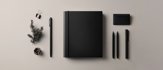 Flat lay of various stationery items arranged on a light beige background. on the left side of the image, there is a black notebook with a pen resting on top of it.