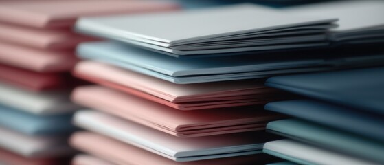 Stack of books or magazines. the stack is made up of multiple books of different colors - pink, blue, and white.