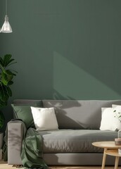 Minimalist living room interior with a grey sofa. green throw blanket. and a plant in a pot