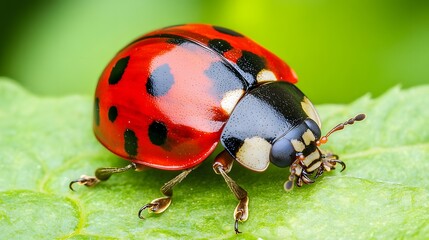 Fototapeta premium Macro Photography of Ladybug on Green Leaf, Detailed Closeup of Insect