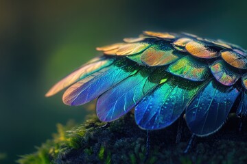 Obraz premium Macro shot of iridescent beetle wings, showcasing vibrant blue, green, and gold hues.