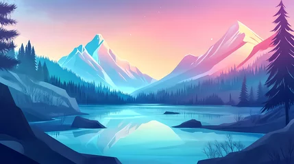 Gardinen Aurora landscape panoramic outdoors. Aurora Lagoon. Illustration © Thiago