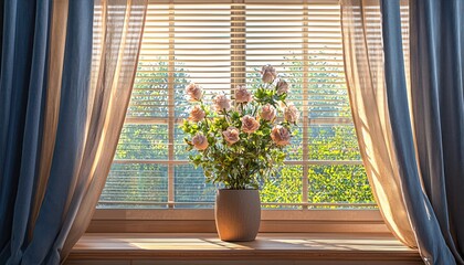 Window dressed with blinds and curtains, complemented by decorative flowers for a refreshing interior