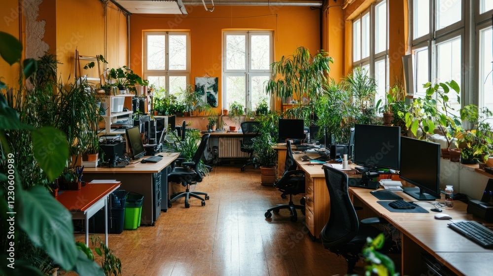 Poster vibrant office space filled with lush greenery and computers