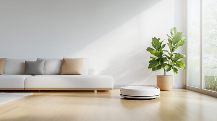 Efficient Robotic Vacuum Cleaner Cleaning a Wooden Floor in a Bright, Minimalist Living Room, Highlighting Smart Home Elegance. robotic vacuum cleaner, wooden floor cleaning, smart