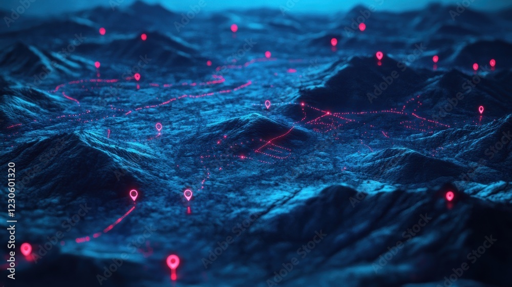 Aufkleber digital map showing routes across mountainous terrain