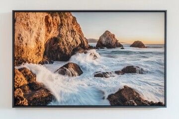 Dramatic sunset over the Pacific Ocean, waves crashing against rugged coastal rocks.