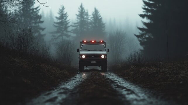 Emergency vehicle drives on foggy forest road. - Powered by Adobe