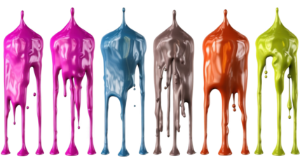 Colorful acrylic paint dripping with liquid drops, isolated on transparent background