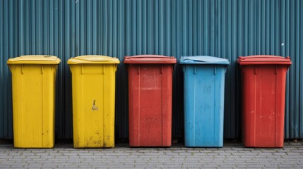 Five colorful recycling bins against a teal wall.