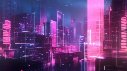 Obraz premium Futuristic Cityscape Neon Lights Digital Architecture