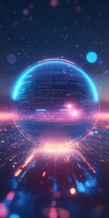 Obraz premium A glowing digital sphere surrounded by neon lights and abstract technology patterns, creating a futuristic cyberpunk atmosphere.