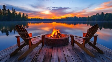Obraz premium Lakeside Campfire Sunset With Adirondack Chairs
