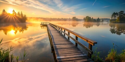 Fototapeta premium Wooden bridge over serene lake in early morning mist, sunrise, water, sunrise, water, scenery, sky,pink trees, mist