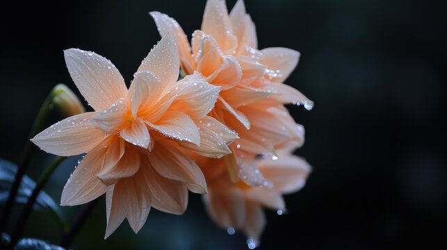 Close-up of two orange dahlia flowers with water droplets on their petals. the flowers are in full bloom and the petals are a vibrant orange color.
