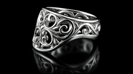 A luxurious women's ring made of polished white gold, featuring an intricate floral design, set against a dark velvet background with soft top lighting highlighting its reflective surface.