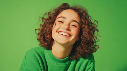 Fototapeta premium lively young woman with bouncy curls smiles brightly in a comfortable green sweater. The bold green background enhances her joyful expression and carefree spirit, making the image