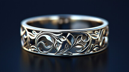 A luxurious women's ring made of polished white gold, featuring an intricate floral design, set against a dark velvet background with soft top lighting highlighting its reflective surface.