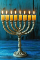 Fototapeta premium This is a beautifully lit Hanukkah Menorah, with eight candles representing the seven nights of the holiday and the shamash used to light them.