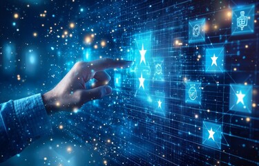Obraz premium A hand reaching out to touch glowing digital icons representing star ratings, signifying user engagement and interaction with digital services and products in a modern environment.