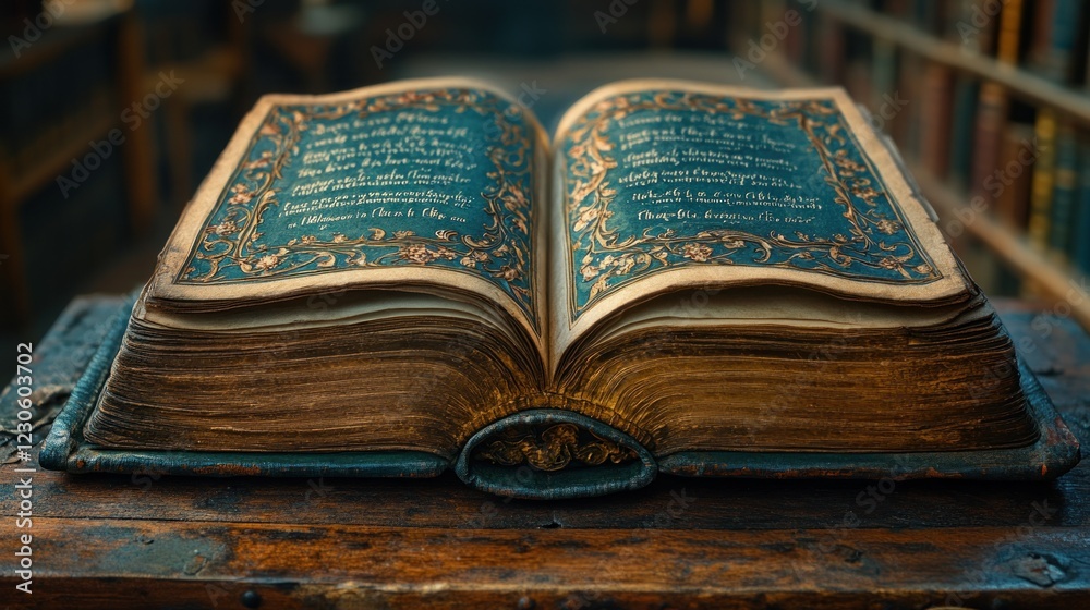 Poster Antique Book Open Displaying Ornate Script and Decorated Pages