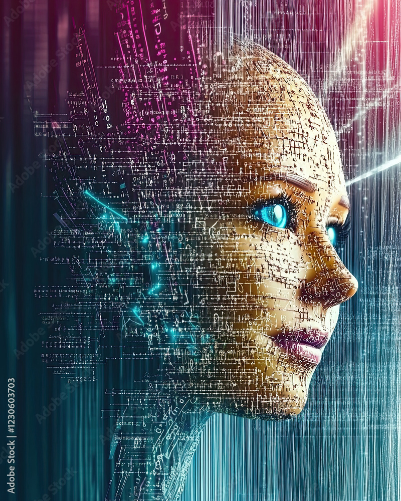 Poster futuristic visualization of artificial intelligence merging with digital landscapes