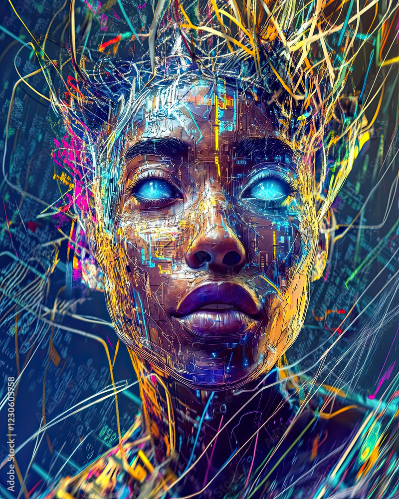 Poster Futuristic Representation of Artificial Intelligence With Neon Circuitry and Ethereal Glow