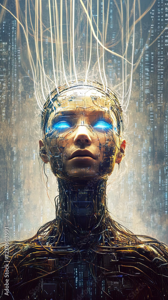 Poster Futuristic Vision of Artificial Intelligence With Glowing Circuitry and a Metallic Backdrop