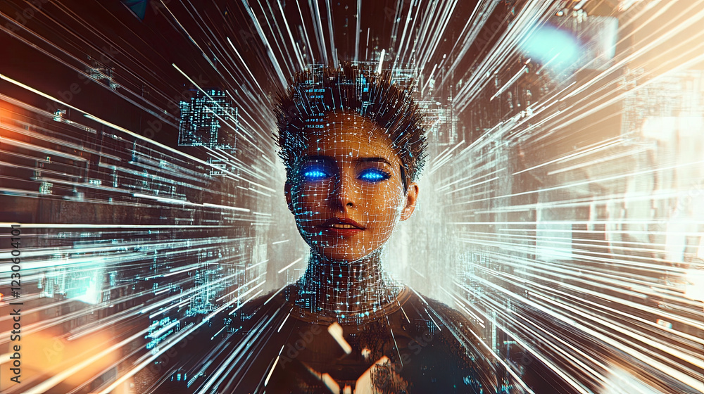 Poster Exploring Advanced AI in a Futuristic Digital Landscape With Glowing Elements