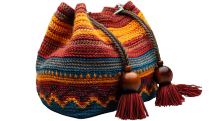 Decorative woman knitted Handmade bag, isolated on transparent background.