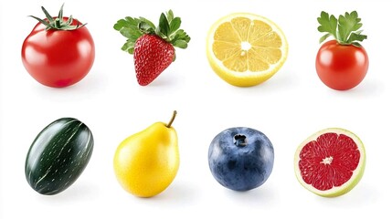 Fresh Fruits and Vegetables Displayed on White Background