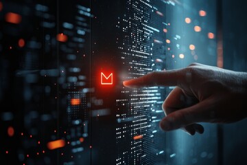 A finger interacting with a glowing red envelope icon on a digital screen, symbolizing fast communication and the significant role of modern technology in everyday interactions.