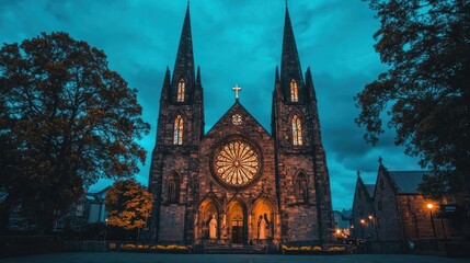 Fototapeta premium Gothic church at twilight, illuminated rose window.