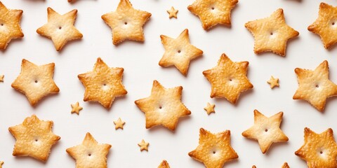 A delightful arrangement of crisp, golden brown star-shaped biscuits with a textured surface. These pastries are perfect for holidays and make versatile, nutritious treats.
