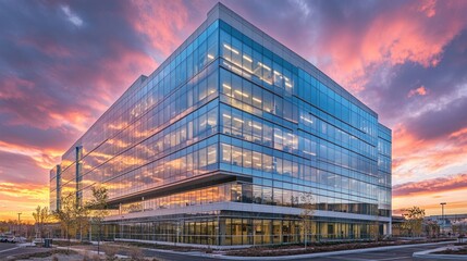 Fototapeta premium Modern Glass Office Building Sunset Sky Reflection
