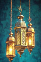 Obraz premium Decorative golden lanterns hanging from a chain against a blue backdrop. Symbol of Arabian culture and tradition, often used to create warm and inviting ambiance in homes.