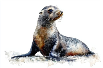 Fototapeta premium Watercolor painting of a seal, resting on the shore, gazing to the right.