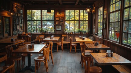 Cozy restaurant interior with wooden tables and chairs, surrounded by large windows showcasing autumn foliage