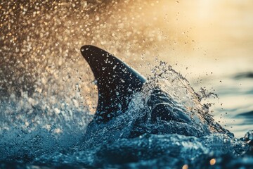 Fototapeta premium A dolphin's dorsal fin emerges from the ocean, creating a splash of water droplets in the golden sunlight.