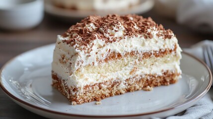   Close-up of a cake on a plate, with a fork and cup of coffee in the backdrop