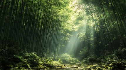 Obraz premium Serene Bamboo Forest Path: Sunlit Greens and Mystical Atmosphere