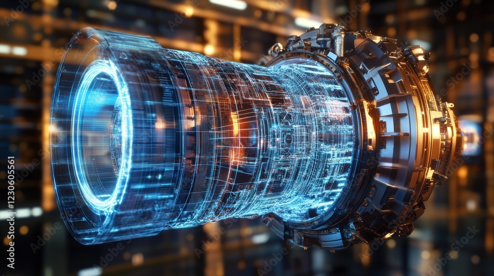 Poster futuristic engine design holographic projection display