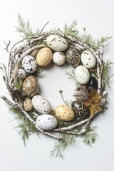 Obraz premium A circular wreath craft made of natural materials, adorned with dyed eggs and pine cones, celebrating the Easter season.