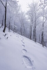 Fototapeta premium Footprints on snow-covered path through forest.