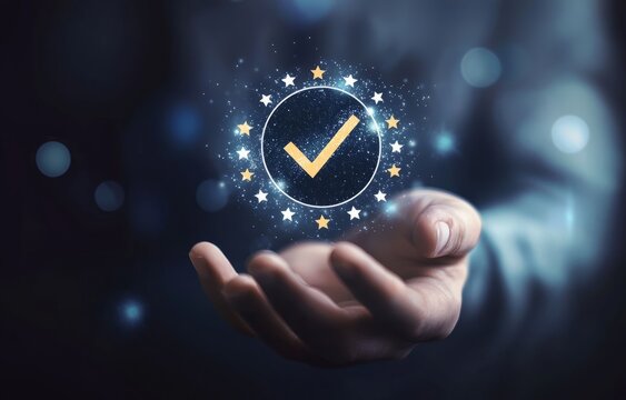 An artistic representation of a hand presenting a luminous checkmark encircled by stars, encapsulating themes of success and celebration in a magical atmosphere.