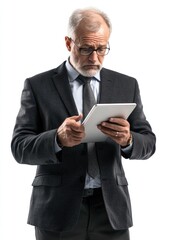A man in a business suit holding and analyzing an tablet. Concentrated expression on his face, suggesting deep thought or problem-solving.