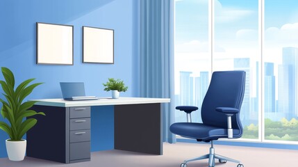 Modern office workspace featuring a sleek desk and chair, with city skyline visible through large windows