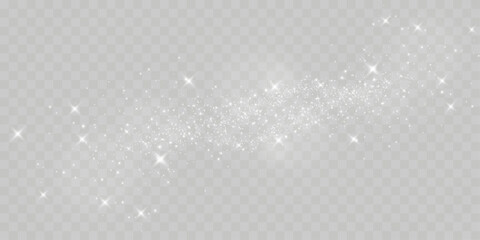 Sparkling white light particles on transparent background, glowing stars and dust effect, festive glitter overlay, magical illumination, digital abstract decoration.