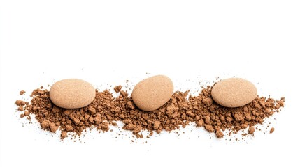 Smooth Pebbles on Soft Brown Powdery Surface Isolated on White
