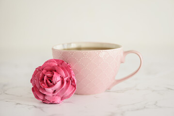 Rose shape marshmallow with cup of tea. Valentine's Day celebration